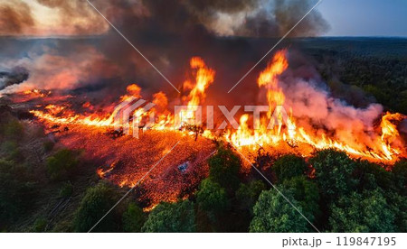炎や黒煙が燃え上がる大規模な山火事の空撮イメージ 森林火災、自然災害、環境問題の俯瞰イメージ 炎や黒煙が燃え上がる大規模な山火事の空撮イメージ 森林火災、自然災害、環境問題の俯瞰イメージ 119847195