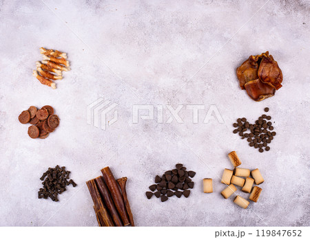 Assortment of different dog treats and snack Assortment of different dog treats and snack 119847652