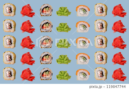 Colorful sushi rolls arranged in grid Colorful sushi rolls arranged in grid 119847744