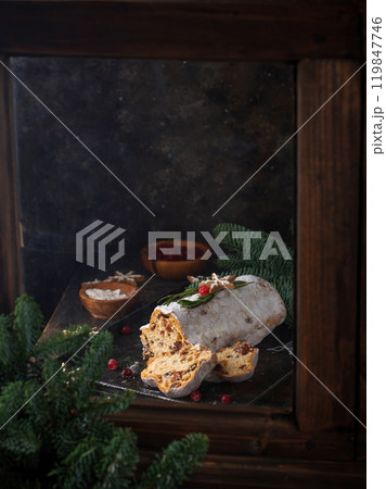 Festive homemade stollen on dark background 119847746