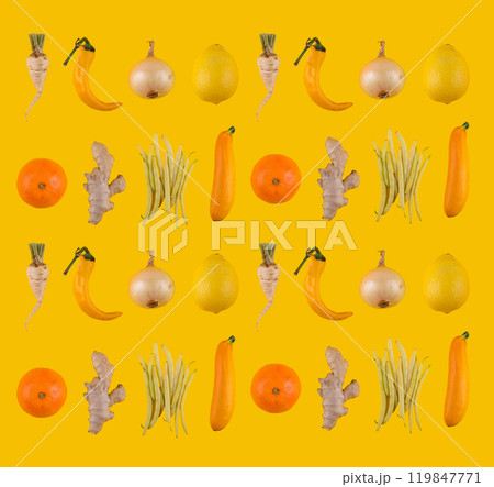 Vibrant produce pattern on yellow background Vibrant produce pattern on yellow background 119847771