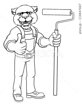 Panther Painter Decorator Paint Roller Mascot Man 119847887
