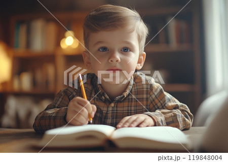 A young boy with blue eyes and plaid shirt holds a pencil, looking thoughtfully at his open notebook 119848004