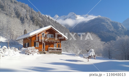 A cozy wooden cabin surrounded by snow covered trees and mountains under a bright blue sky 119848013