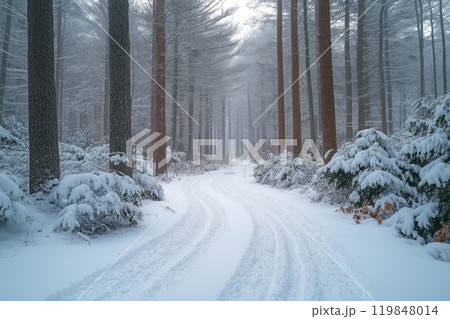 A quiet, snowy road winding through a dense forest of tall trees on a misty winter morning 119848014