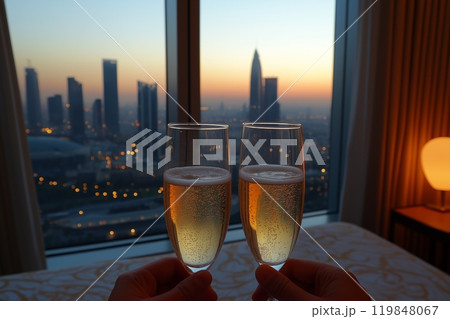Two champagne glasses held before a city skyline at dusk, capturing a romantic, glowing view 119848067