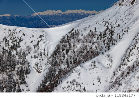冬の八ヶ岳連峰・硫黄岳稜線と槍穂高連峰の眺め 119848177