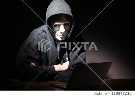 仮面をかぶってパソコンを見る男性 119848236