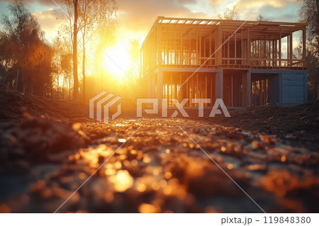 Wooden house frame at sunset, with a warm glow highlighting the structure against the evening sky 119848380
