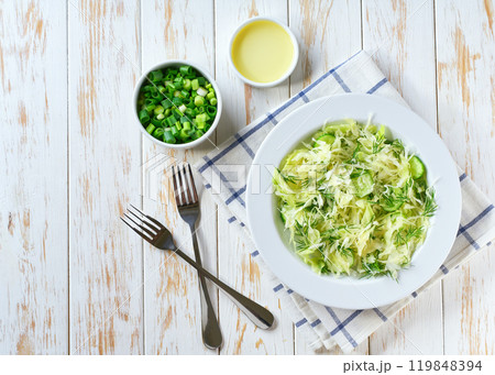 Spring vegan salad with cabbage, cucumber and dill. Top view, flat lay, overhead. 119848394