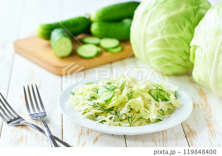 homemade salad of cabbage,cucumber and dill on a white wooden table, selective focus. Vegan or diet food. 119848400