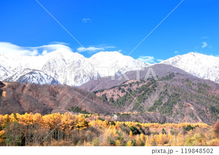 松川の紅葉と白馬三山 119848502