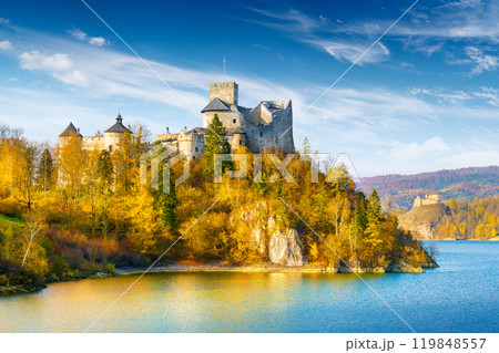 Panoramic view of castle in Niedzica by lake Czorsztyn, Poland 119848557
