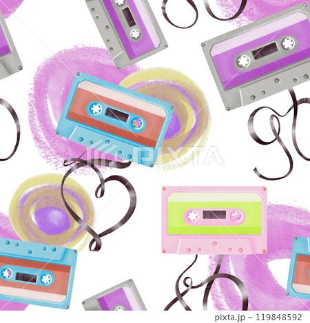 Seamless pattern from cassette for portable 80's,90's style retro player with tapes in shape 80,90 and a heart.Watercolor illustration realistic style isolated on white for websites or theme party Seamless pattern from cassette for portable 80's,90's style retro player with tapes in shape 80,90 and a heart.Watercolor illustration realistic style isolated on white for websites or theme party 119848592