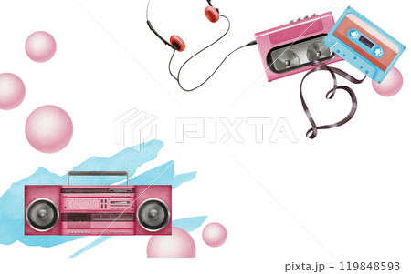 Template for card in 80s,90s style.Tape recorder,portable player with headphones and audio cassette with a tape in the form of a heart,bright watercolor spot and bubble gum bumps on the background Template for card in 80s,90s style.Tape recorder,portable player with headphones and audio cassette with a tape in the form of a heart,bright watercolor spot and bubble gum bumps on the background 119848593