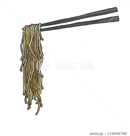 細ちぢれ麺の箸上げ手書き筆絵風イラスト 119848798