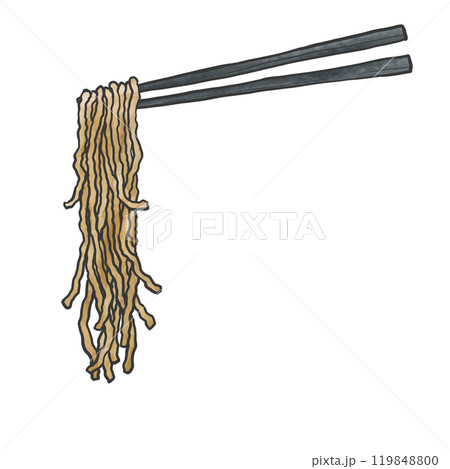 中太ちぢれ麺の箸上げ手書き筆絵風イラスト 119848800