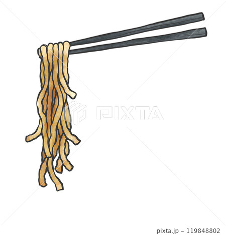 太ちぢれ麺の箸上げ手書き筆絵風イラスト 119848802