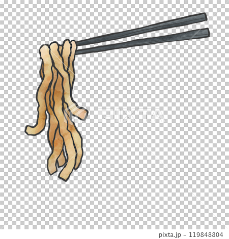 極太ちぢれ麺の箸上げ手書き筆絵風イラスト 119848804