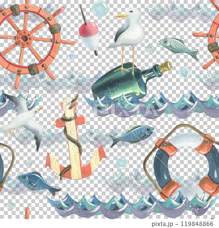 Ship steering wheel, lifebuoy, striped anchor, bottle of rum with seagull, flying seagulls, fish, fishing float, bubbles floating on water. Hand drawn watercolor illustration. Seamless pattern. 119848866