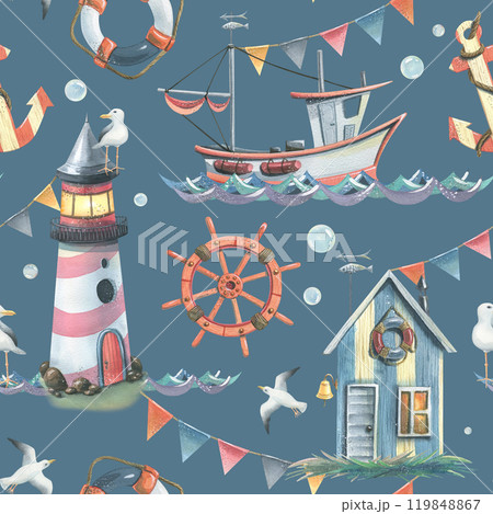 Sea lighthouse with fishing boat and cabin, ship steering wheel, lifebuoy, anchor with flying seagulls and bubbles on water and shore. Hand drawn watercolor illustration. Seamless pattern. 119848867