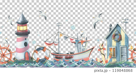 Sea lighthouse with fishing boat and cabin, ship steering wheel, lifebuoy, anchor with flying seagulls and bubbles on water and shore. Hand drawn watercolor illustration. Seamless border pattern. 119848868
