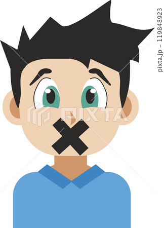 Illustration portrait of a young man with Japanese anime style graphics and colors in flat design with his mouth sealed by an X Illustration portrait of a young man with Japanese anime style graphics and colors in flat design with his mouth sealed by an X 119848923