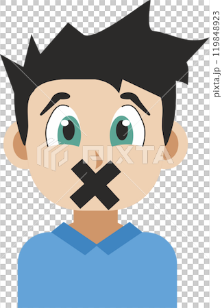 Illustration portrait of a young man with Japanese anime style graphics and colors in flat design with his mouth sealed by an X Illustration portrait of a young man with Japanese anime style graphics and colors in flat design with his mouth sealed by an X 119848923