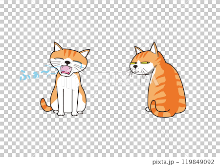 Yawning cat and cat looking out of the corner of your eye (brown tabby) Yawning cat and cat looking out of the corner of your eye (brown tabby) 119849092