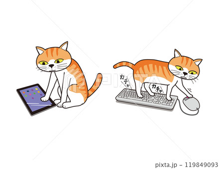 タブレット・マウスに興味を示す猫(茶トラ)のイラスト素材 [119849093