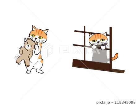 ぬいぐるみと遊び障子を破る猫(茶トラ) 119849098