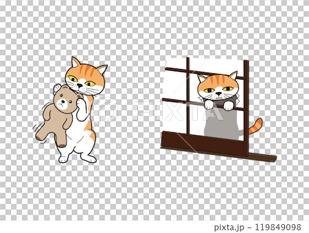 玩毛絨動物打破障子屏的貓（棕色虎斑貓） 119849098