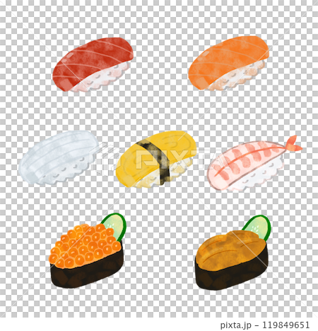 手繪各種帶有紋理的壽司插圖 119849651