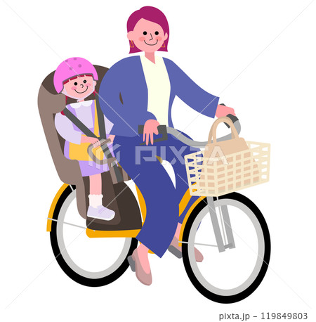 パンツスーツを着た母親が自転車に幼稚園生の娘を乗せて運転するイラスト パンツスーツを着た母親が自転車に幼稚園生の娘を乗せて運転するイラスト 119849803