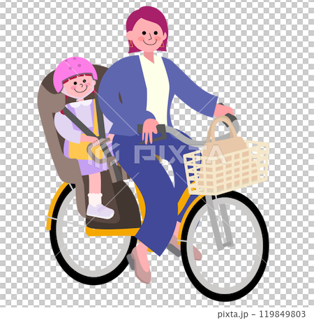 パンツスーツを着た母親が自転車に幼稚園生の娘を乗せて運転するイラスト パンツスーツを着た母親が自転車に幼稚園生の娘を乗せて運転するイラスト 119849803