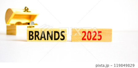 Planning brands 2025 new year symbol. Concept words Brands 2025 on beautiful wooden blocks. Beautiful white background. Wooden chest with coins. Business brands 2025 new year concept. Copy space. Planning brands 2025 new year symbol. Concept words Brands 2025 on beautiful wooden blocks. Beautiful white background. Wooden chest with coins. Business brands 2025 new year concept. Copy space. 119849829