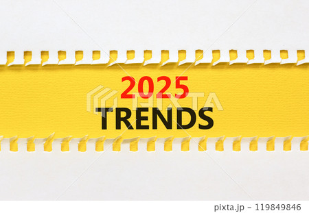 Planning 2025 trends new year symbol. Concept words 2025 Trends on beautiful yellow paper. Beautiful white background. Business 2025 trends new year concept. Copy space. Planning 2025 trends new year symbol. Concept words 2025 Trends on beautiful yellow paper. Beautiful white background. Business 2025 trends new year concept. Copy space. 119849846