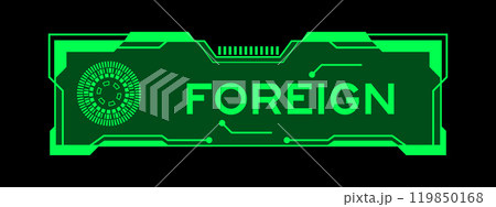 Green color of futuristic hud banner that have word foreign on user interface screen on black background Green color of futuristic hud banner that have word foreign on user interface screen on black background 119850168