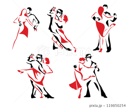 Stylized Dancers Red and Black Vector Illustrations of Passionate Dance. Logo, set, collection, icon 119850254