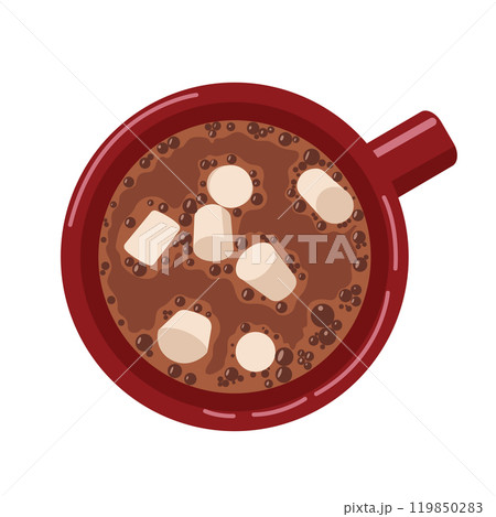 Red mug with hot chocolate and marshmallows. Cup with aromatic sweet warming drink. Concept of warmth, care and coziness. Vector illustration isolated on white background. 119850283