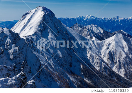 冬の八ヶ岳連峰・横岳から見る赤岳と南アルプス・北岳・仙丈ヶ岳 119850329