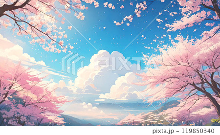 青空に桜が舞う風景のイラスト素材 青空に桜が舞う風景のイラスト素材 119850340