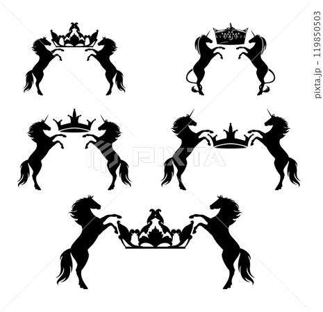 rearing up unicorns and horses holding royal crowns black and white vector design set 119850503