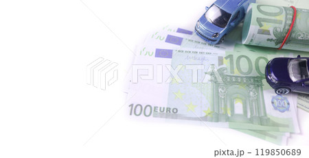 Model car with euro banknotes on white background concept of saving for buying car, car loan and car insurance. 119850689