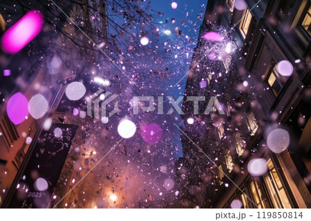 Colorful confetti drifts above the street 119850814
