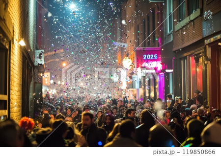 Nighttime street celebration with confetti 119850866