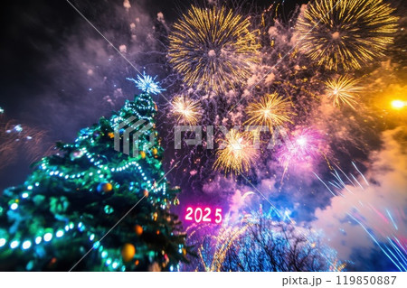 New Years fireworks and decorated tree 119850887