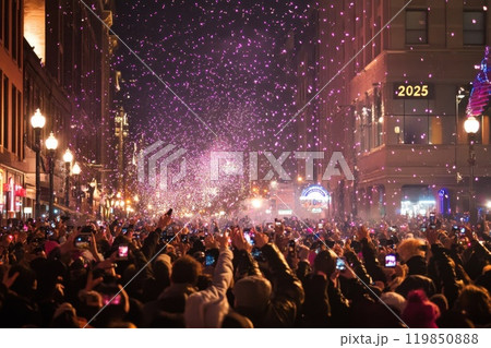 City New Year celebration with confetti 119850888