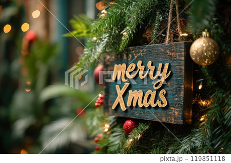 Christmas sign with greenery and ornaments 119851118