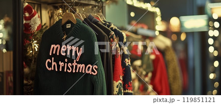 Festive shop with colorful Christmas sweaters Festive shop with colorful Christmas sweaters 119851121